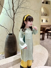 Bt750- Bộ áo dài bé gái cách tân cổ tròn xanh quần vàng tặng kèm bờm tóc