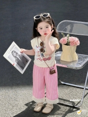 Damgai06-SEt áo thun nơ nhồi mix quần suông kẻ hồng chân ren