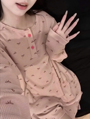 Set1042- Bộ pijama mặc nhà nơ hồng vải tăm mềm