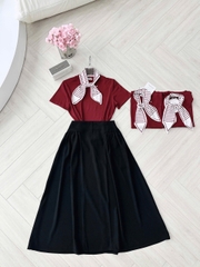 SET483-Set áo thun đỏ phối chân váy midi tặng kèm khăn rời