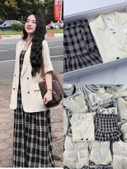 SET926-SET áo vest be mix ĐẦM MAXI dây kẻ nâu