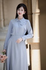 Set787- Set áo nơ xanh phối chân váy midi dài 1 lớp