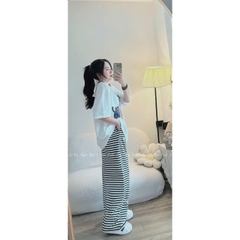 SET472-Bộ áo cotton CÚN in lụa mix quần kẻ suông dài 100cm