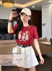 SET739-Bộ dạo phố áo thun Mèo đỏ phối chân váy jean trắng