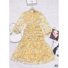 ⚡️BÁN SỈ⚡️Đầm đuôi cá nhún eo tay bồng hoạ tiết hoa vàng