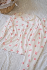 CB166-(8-26kg) Combo 2 bộ thun tăm dài tay bé gái nơ hồng VNXK