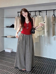 Set1037-Set áo dây đỏ phối quần kẻ suông
