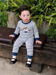 BT1081- Set 2 bộ thun díp dài tay xanh trắng kẻ Cute bé trai