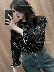 A138-Áo sơ mi nữ voan đen chấm bi vintage