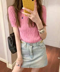 A520-Áo len dệt kim cộc tay màu hồng thêu ngựa mẫu mới