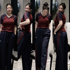 Set878-SEt mặc nhà áo cộc phối quần suông than viền đỏ