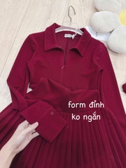 DAM139-Đầm xếp ly nữ dáng ngắn dài tay màu đỏ khóa trước có size từ 40kg đến 60kg
