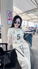 Set777- Bộ dạo phố áo thun in hình phối quần suông dài cạp chun 2 màu be đen