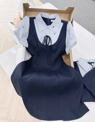 Dam174- Váy xoè ngắn đen phối tay sơ mi kẻ đính nơ