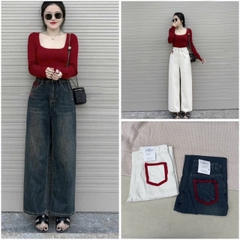 QUAN012- Quần jeans suông túi thêu đỏ 2 màu trắng,xanh