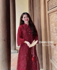 SET344-Set áo dài đỏ cườm 2 lớp dáng tay xoè -SẴN HÀNG