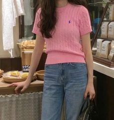 A520-Áo len dệt kim cộc tay màu hồng thêu ngựa mẫu mới