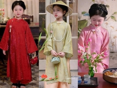 BT801-Bộ áo dài tơ bé gái 4 tà kèm ngọc bội