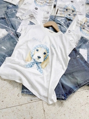 set615- Set áo cotton trắng In Cún mix quần short jeans