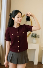 A412-Áo len dệt kim cộc tay màu đỏ cúc đồng hàng chuẩn nhà máy