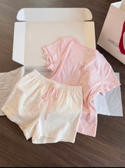 SEt1025- Set bộ mặc nhà áo hồng quần trắng trơn