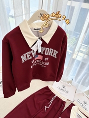 SET1059- Bộ nỉ haida đỏ có cổ NY phối quần suông