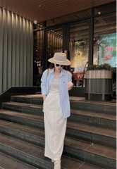 SET655-TẶNG ÁO THUN SÁT NÁCH-Set sơ mi kẻ xanh phối chân váy midi trắng 2 lớp