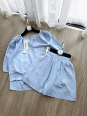 SET912-Set đũi linen màu xanh trơn áo tay lỡ bồng