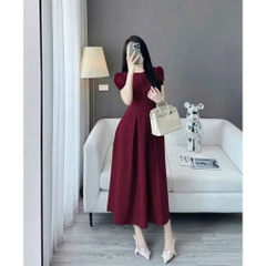Dam179-Váy đỏ midi xếp ly dáng dài
