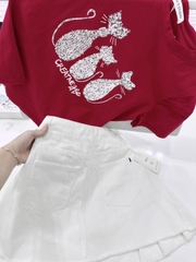 SET739-Bộ dạo phố áo thun Mèo đỏ phối chân váy jean trắng