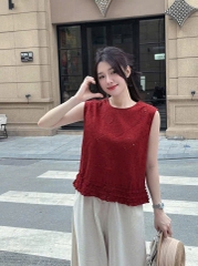 Set594- Set áo thô boi ren đỏ mix quần lien chân bèo dáng suông