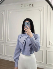 A135-Áo somi nữ kẻ xanh nơ cổ