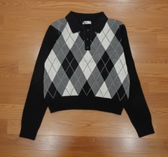 A558- Áo len cúc trước kẻ chám màu đen full tem nhà máy