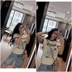 Set600- Set áo thun suông bo viền phối quần short jean