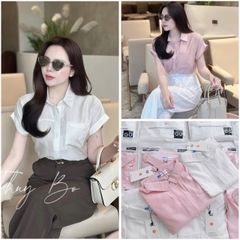 🍀A255-  SƠ MI GU TÚI BÊN TAY vạt đính cúc 2 màu