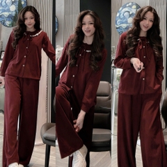 Set834- Set pijama mặc nhà vải díp lông phối cổ ren 2 màu nâu đỏ