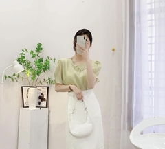 Áo sơ mi tơ viền ngọc tay bồng 3 màu