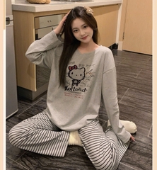 SET780- Bộ mặc nhà gia đình  áo thun quần kẻ suông xám đậm