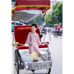 Bt787-Bộ áo dài bé gái cách tân màu tím quần vàng đính cúc bọc TẶNG KÈM BỜM MAI LINH KI