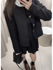 A153-ÁO khoác dạ đen đính nơ cổ tròn ZR