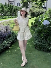Set871-set áo linen gile phối ren kèm quần short