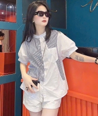 A263- Áo SƠ MI trắng kẻ PHỐI CỔ TẦU chất thô lụa