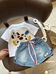 bt922-[ max 30kg]set áo thun ngựa xù mix quần short jeans bé gái