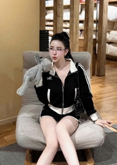 Set727- Set nỉ haida dài tay khoá đen viền trắng phối quần short