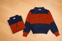 469-áo len cổ polo kẻ ngang cam đỏ phối than full tem