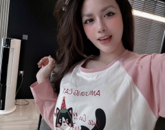 Set806- Bộ cotton hồng in ngựa quần thô  kẻ phối tay