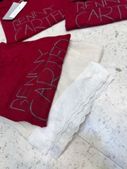 SET483-Set áo thun suông đỏ phối quần ống rộng ren