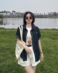 Set613- Set áo cộc tay denim cộc tay phối  quần short trắng