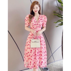 Đầm hoa  hoa hồng cổ V 2 lớp bắn  cúc ngọc