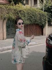 SET676-Set voan hoa áo dài tay quần cộc 2 lớp màu sáng